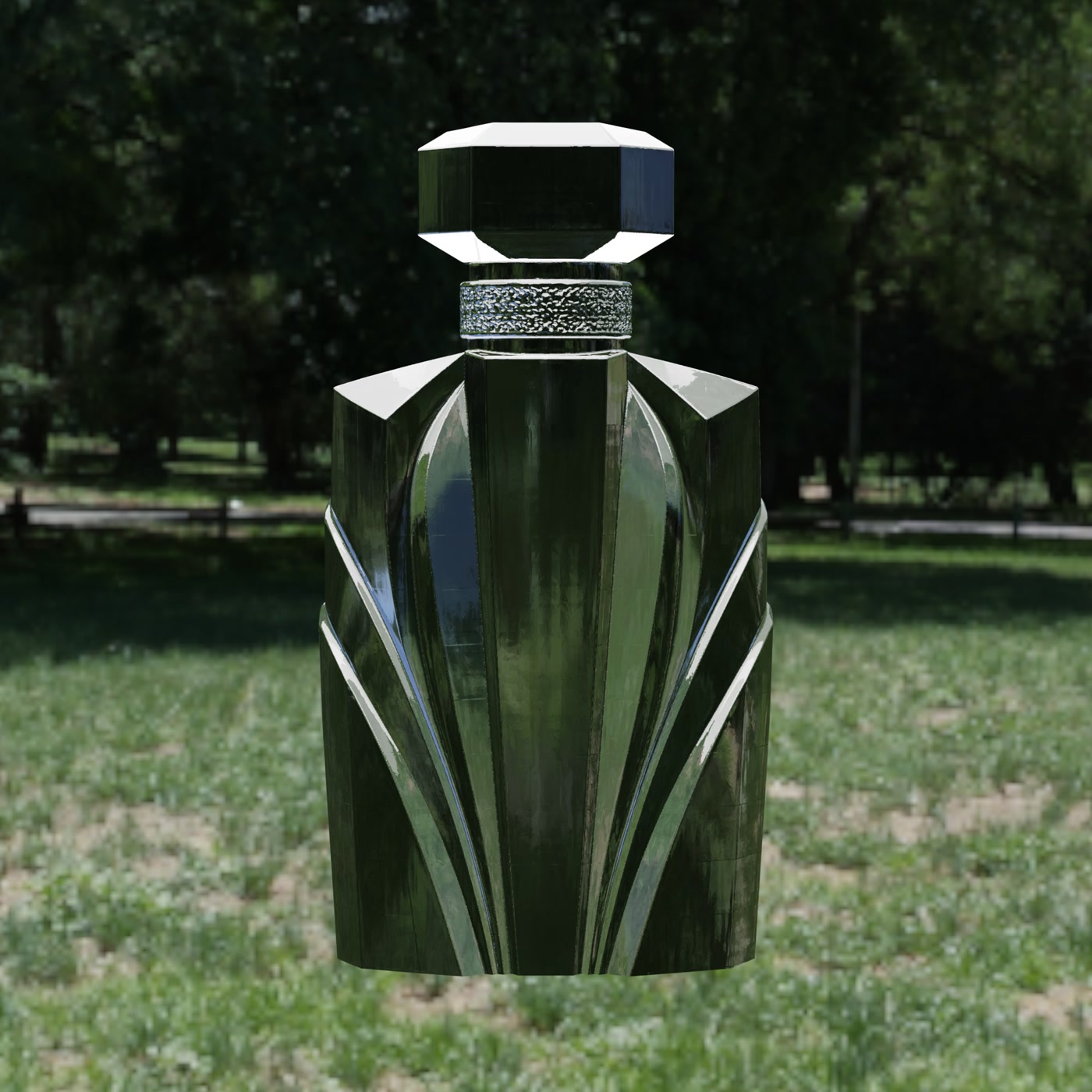 Glossy glass perfume bottle rendered in an HDRI outdoor environment with Adaptive Render Studio