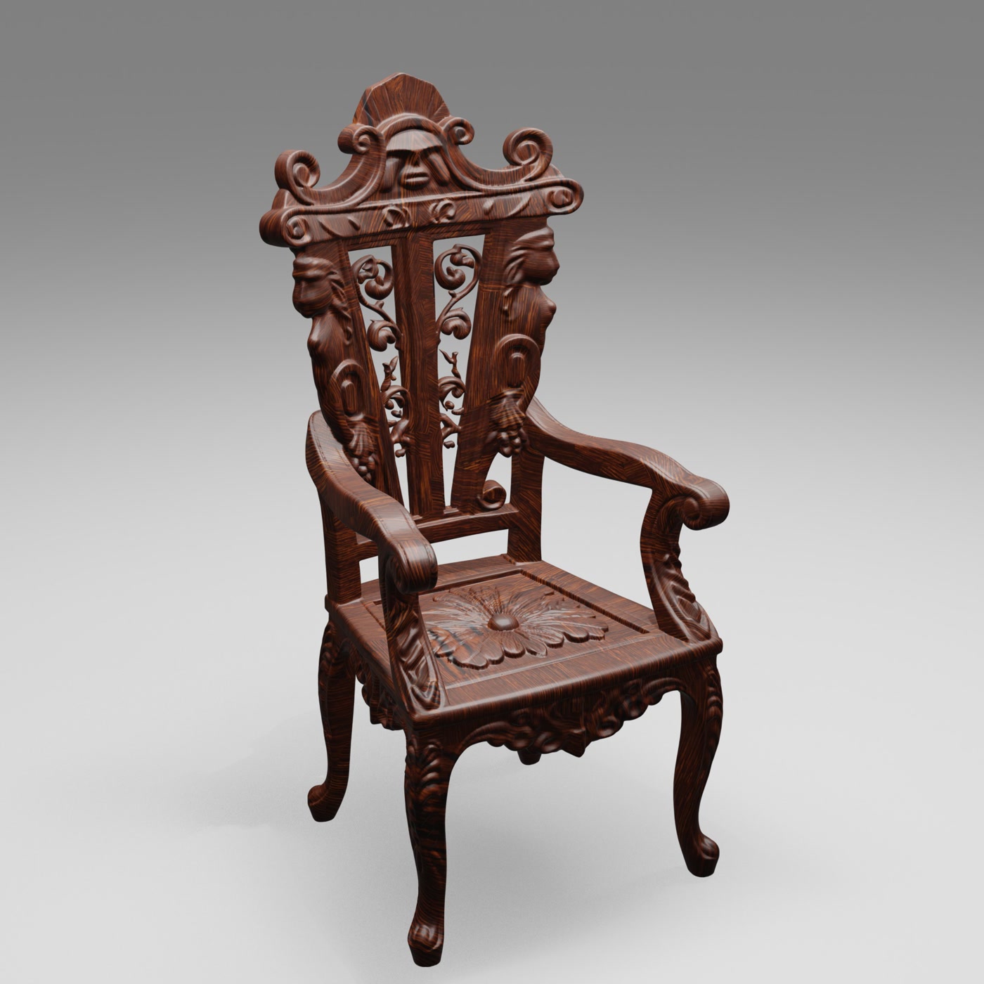 Ornate carved wooden chair rendered with studio lighting and realistic wood material