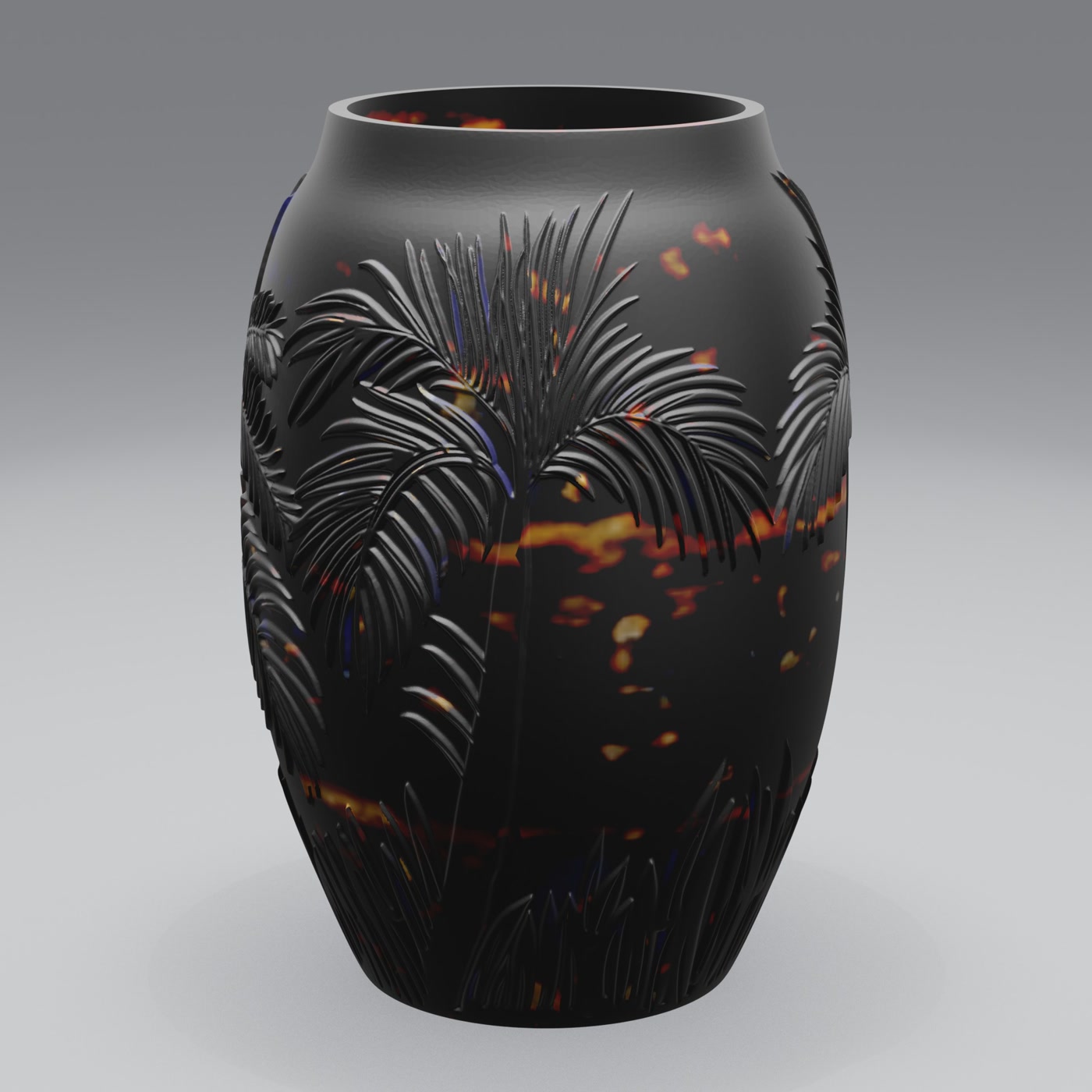 Decorative vase with a palm pattern rendered with reflective HDRI lighting