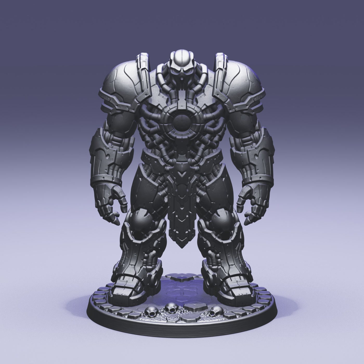 Sci-fi armored figurine rendered with colored studio lighting for a product preview