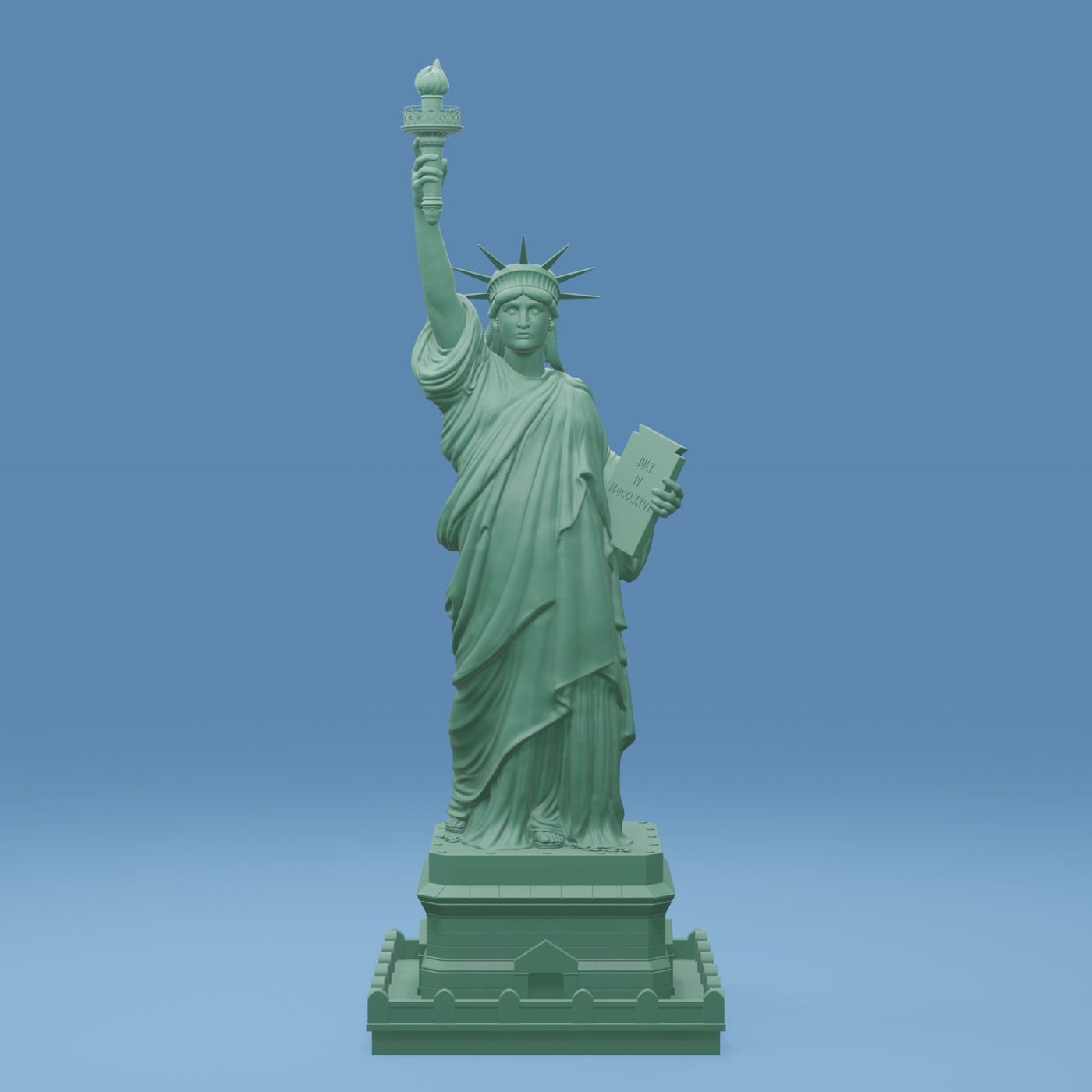 Statue of Liberty 3D model rendered with a patinated copper material on a blue background