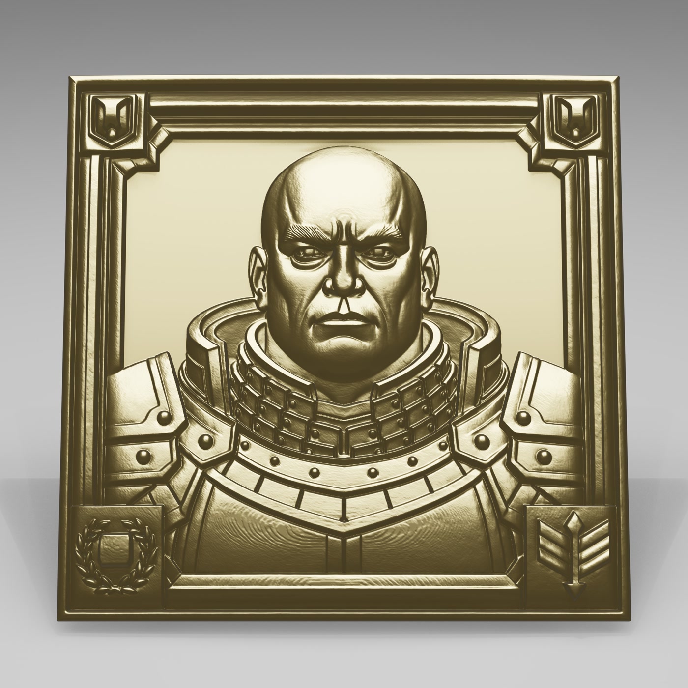 Gold relief plaque of an armored figure rendered with studio lighting